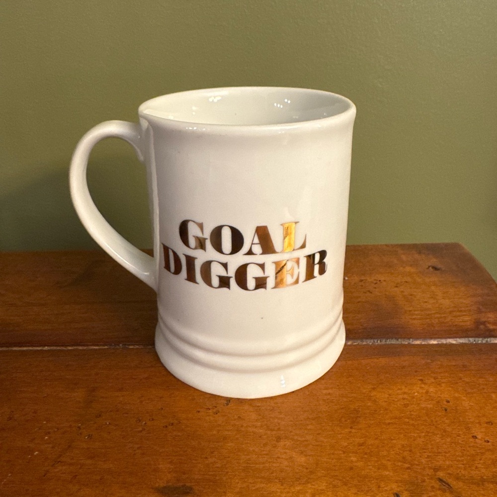 White Ceramic Mug with Gold Goal Digger Text